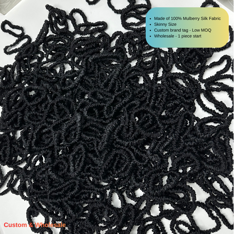 skinny black silk scrunchies in bulk for wholesale orders