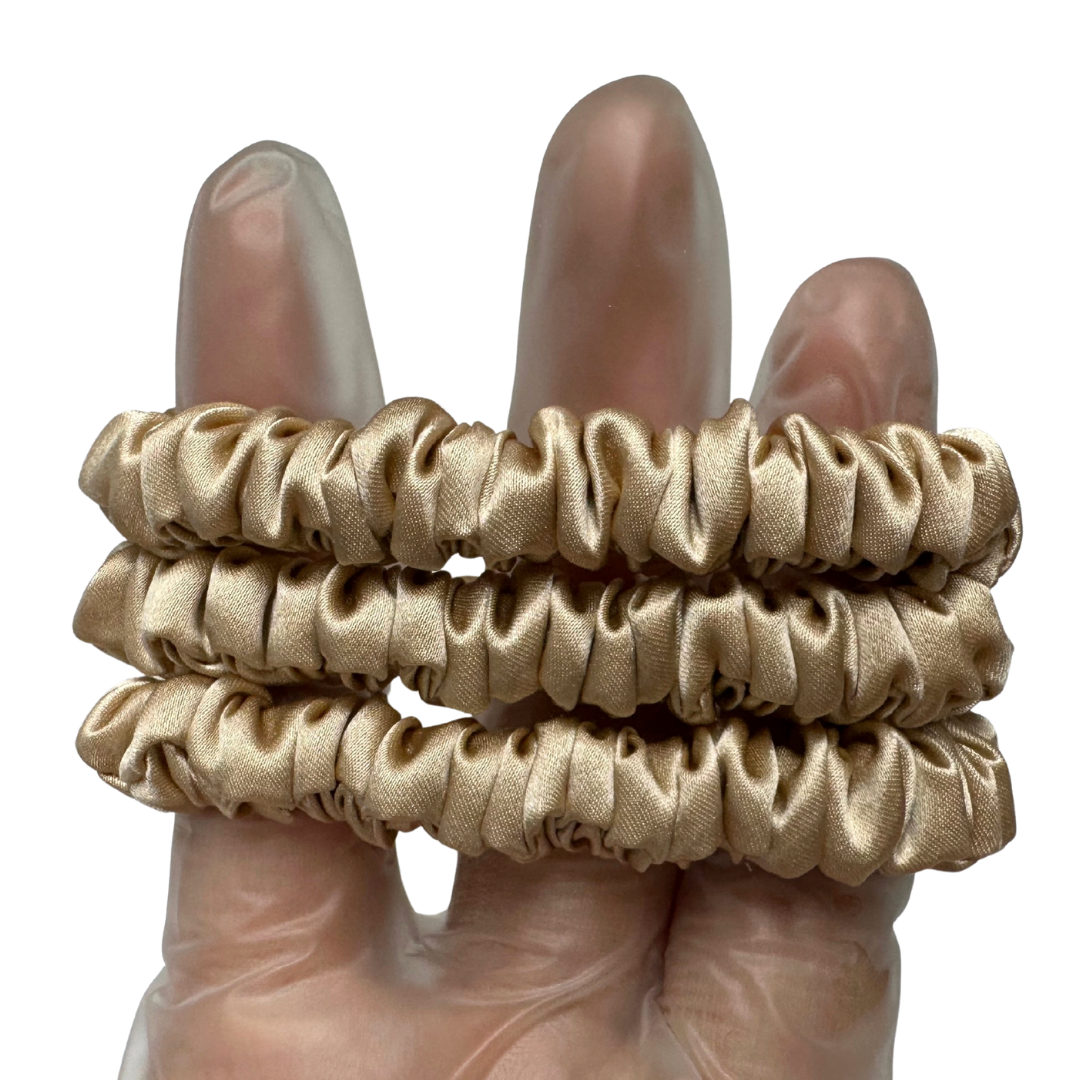 Beige Skinny Silk Scrunchie Wholesale from 1 piece, custom silk scrunchie with brand logo low MOQ.