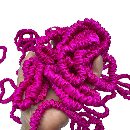 Bright Pink Skinny Silk Scrunchie Wholesale from 1 piece, custom silk scrunchie with brand logo low MOQ.