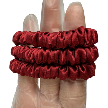 Coke Red Skinny Silk Scrunchie in stock, wholesale silk scrunchie from 1 piece, custom silk scrunchies with logo brand label, low MOQ.