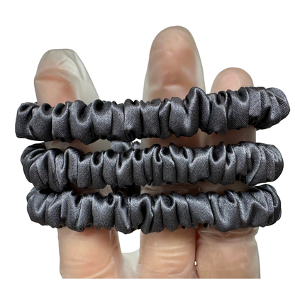 Dark Grey Skinny Silk Scrunchie Wholesale from 1 piece, custom silk scrunchie with brand logo low MOQ.
