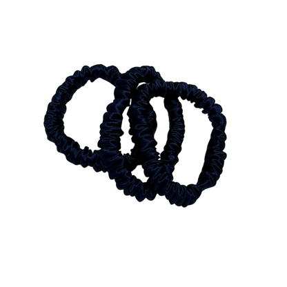 Dark Indigo Skinny Silk Scrunchie Wholesale from 1 piece, custom silk scrunchies with brand label, low MOQ.