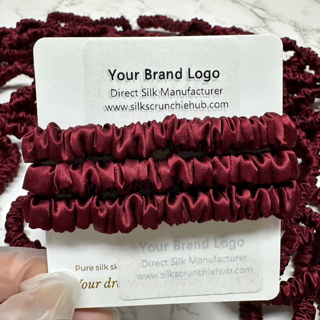 Dark Red Skinny Silk Scrunchie in stock, wholesale silk scrunchie from 1 piece, custom silk scrunchies with logo brand label, low MOQ.
