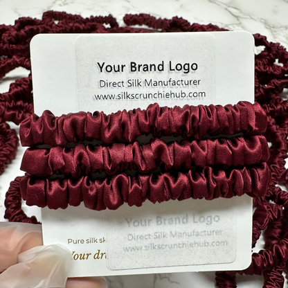 Dark Red Skinny Silk Scrunchie in stock, wholesale silk scrunchie from 1 piece, custom silk scrunchies with logo brand label, low MOQ.