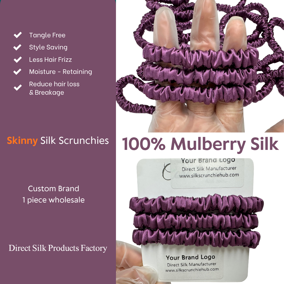 Dark Reddish Skinny Silk Scrunchie in stock, wholesale silk scrunchie from 1 piece, custom silk scrunchies with logo brand label, low MOQ.
