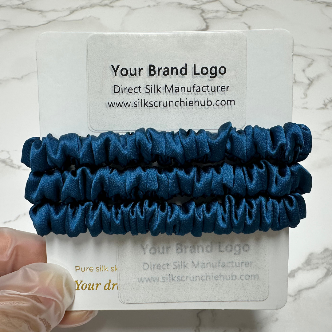 Deep Peacock Blue  Skinny Silk Scrunchie in stock, wholesale silk scrunchie from 1 piece, custom silk scrunchies with logo brand label, low MOQ.