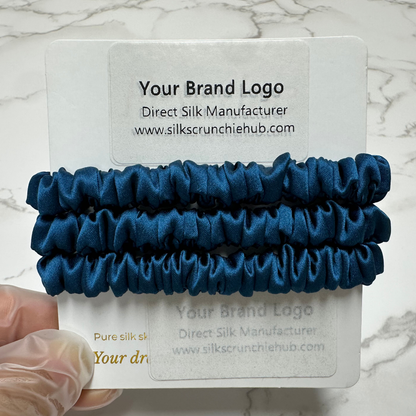 Deep Peacock Blue  Skinny Silk Scrunchie in stock, wholesale silk scrunchie from 1 piece, custom silk scrunchies with logo brand label, low MOQ.