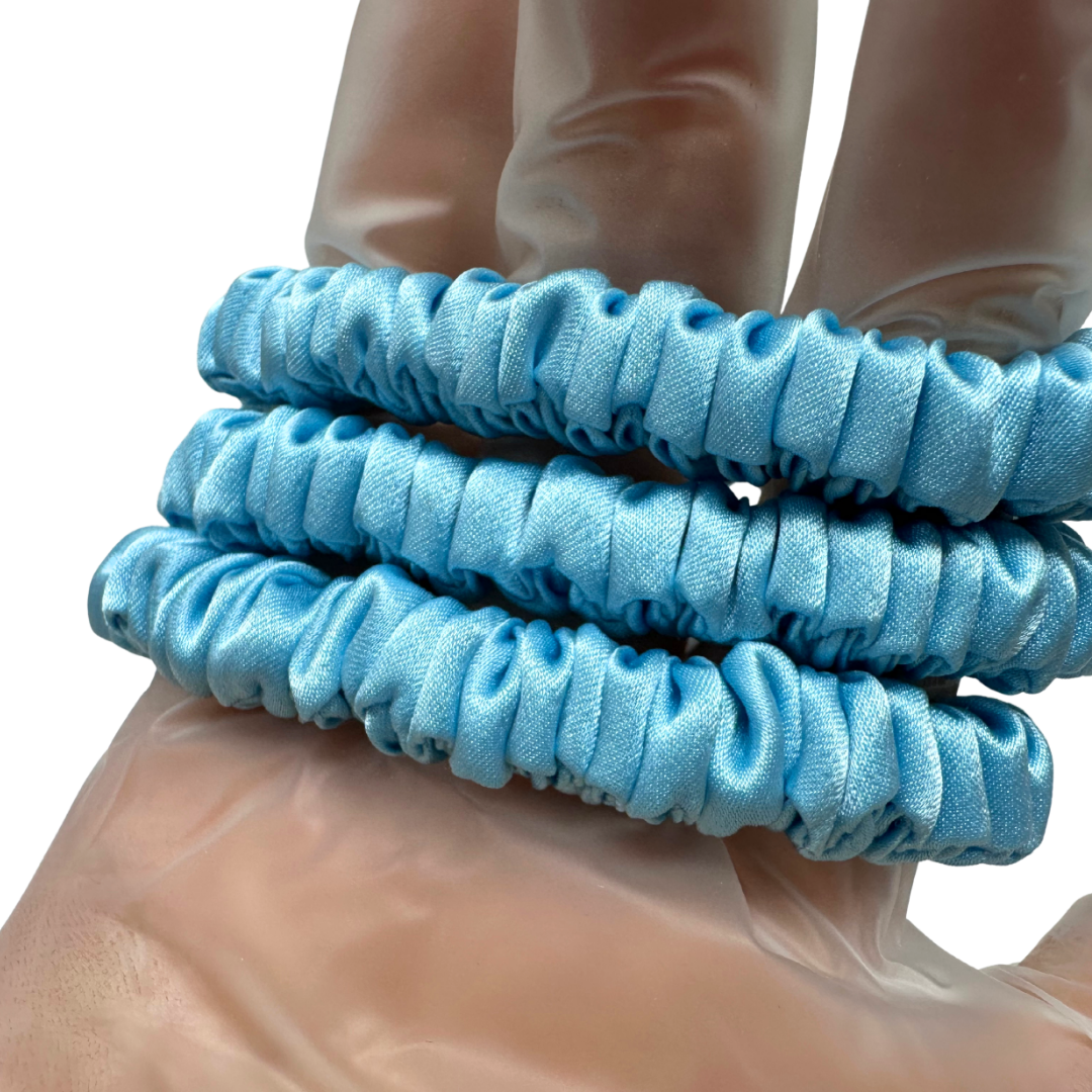 Deep Sky Blue Skinny Silk Scrunchie custom wholesale, custom brand low MOQ, 1 piece wholesale