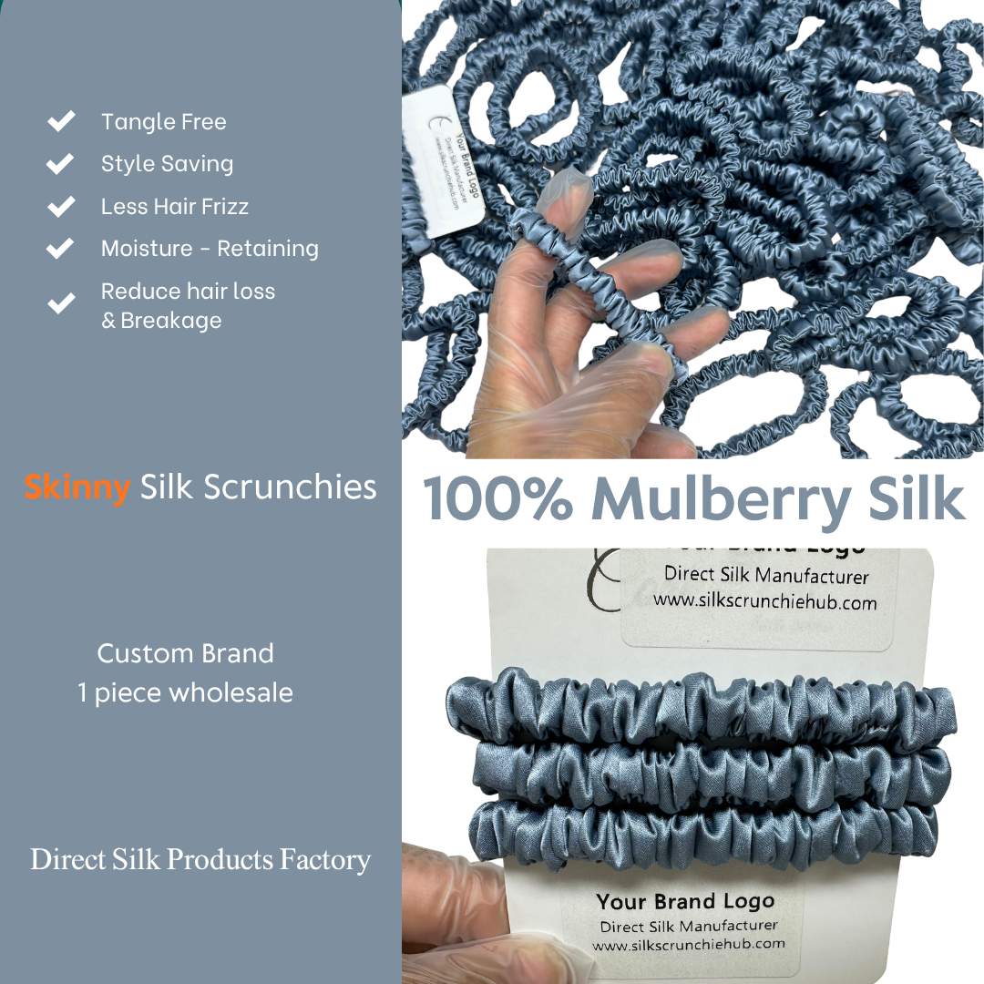 Grey Blue Skinny Silk Scrunchie custom wholesale, custom brand low MOQ, 1 piece wholesale