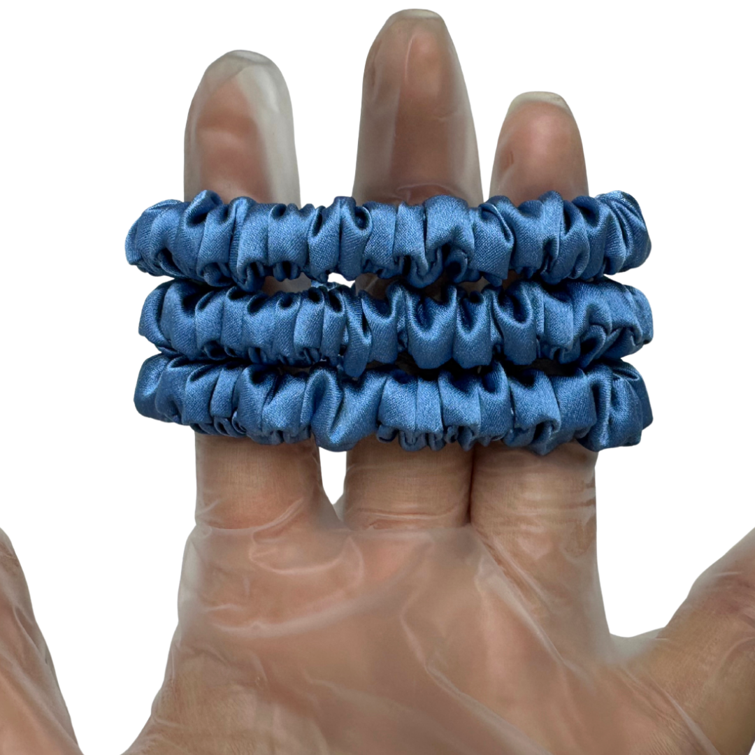 Indigo Blue Skinny Silk Scrunchie in stock, wholesale silk scrunchie from 1 piece, custom silk scrunchies with logo brand label, low MOQ.