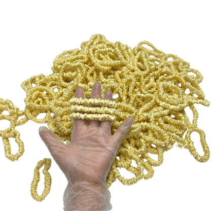 Light Yellow Silk Scrunchie Wholesale from 1 piece, custom silk scrunchies with brand label, low MOQ.