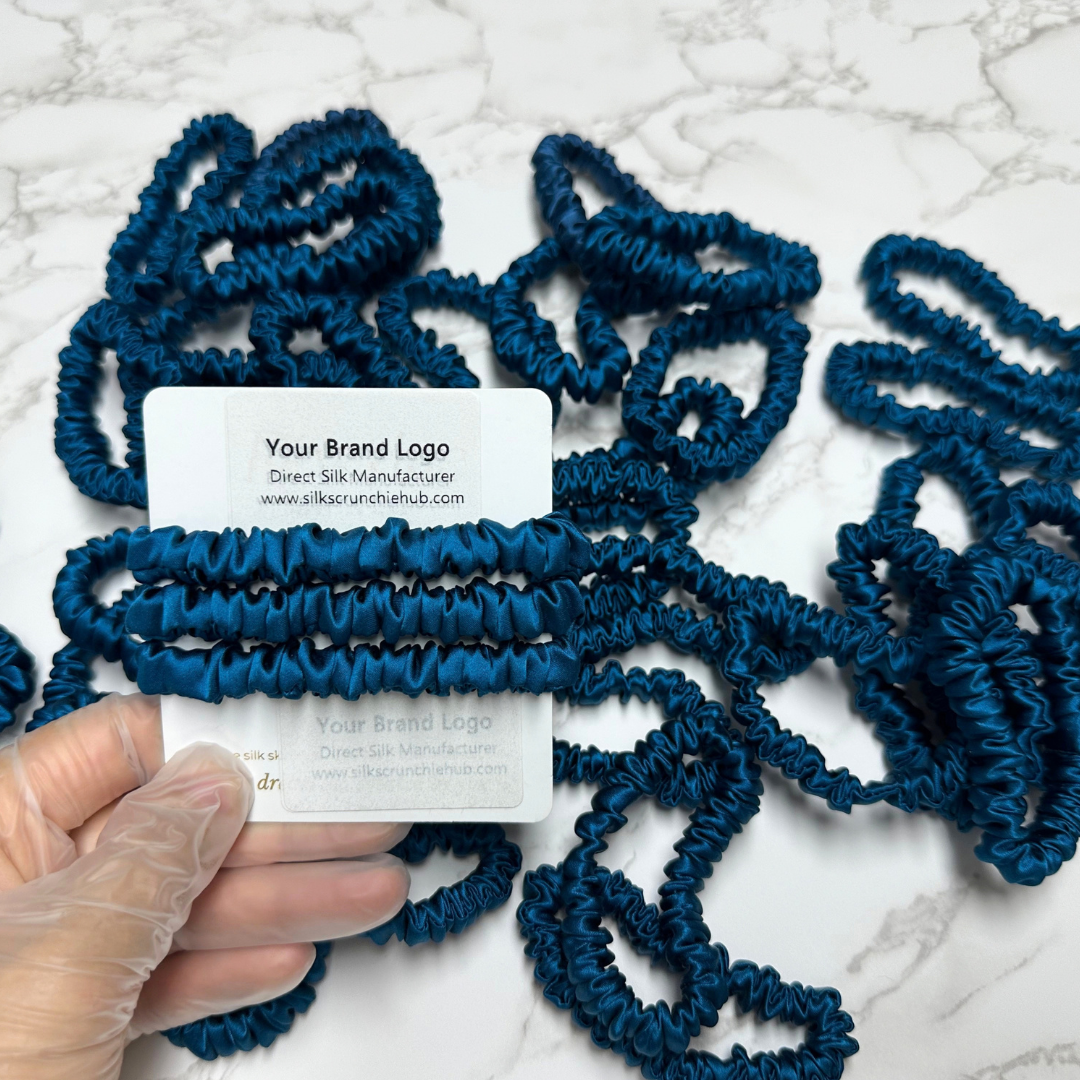 Peacock Blue Skinny Silk Scrunchie Wholesale from 1 piece, custom silk scrunchie with brand logo low MOQ.