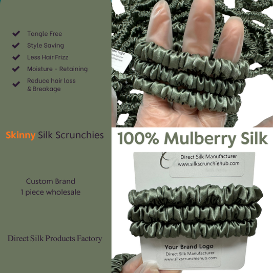 Deep Sage Silk Scrunchie Skinny custom wholesale, custom brand low MOQ, 1 piece wholesale
