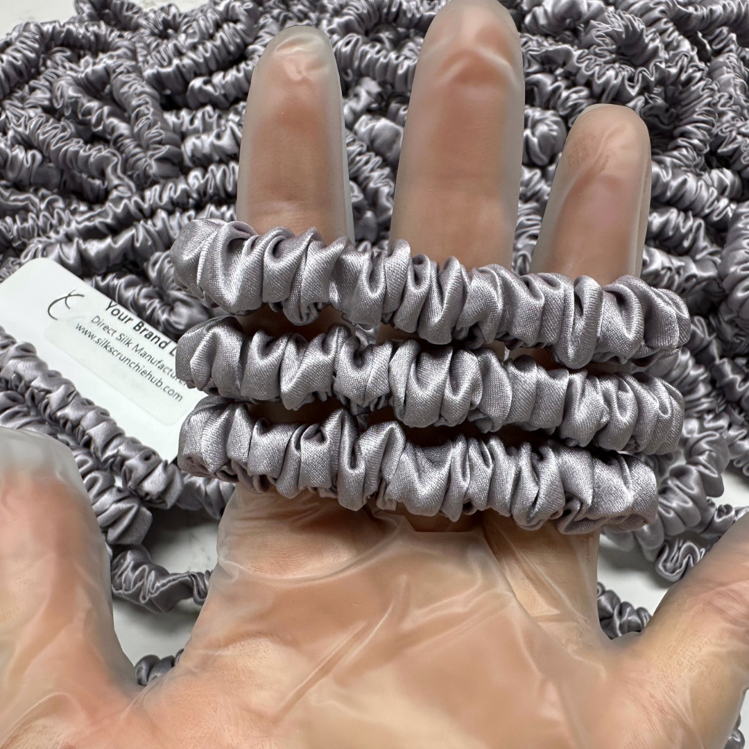 Grey Purple Skinny Silk Scrunchie custom wholesale, custom brand low MOQ, 1 piece wholesale