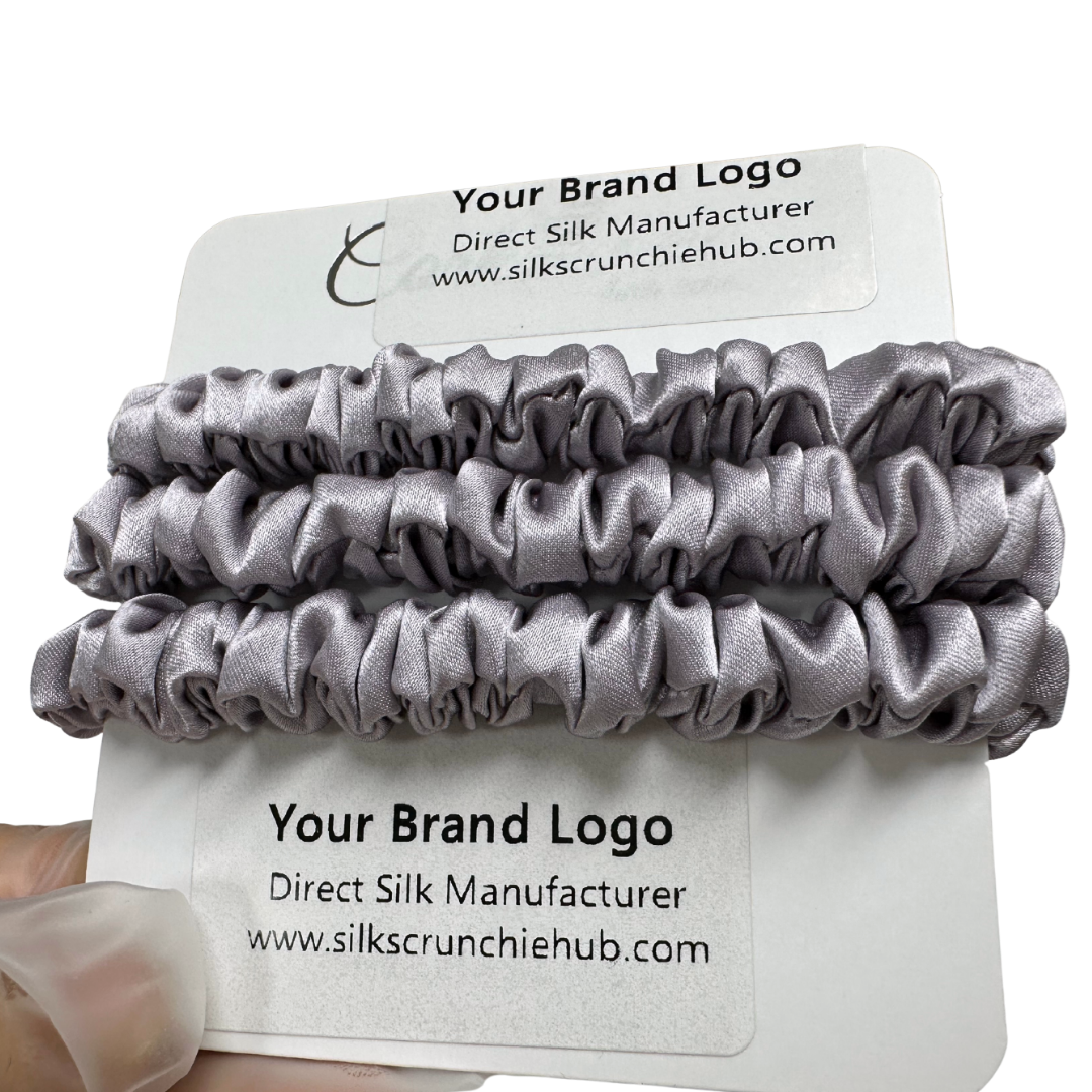 Grey Purple Skinny Silk Scrunchie custom wholesale, custom brand low MOQ, 1 piece wholesale