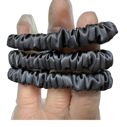 Dark Grey Skinny Silk Scrunchie Wholesale from 1 piece, custom silk scrunchie with brand logo low MOQ.