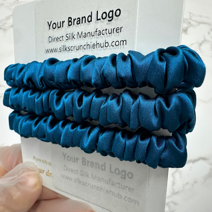 Peacock Blue Skinny Silk Scrunchie Wholesale from 1 piece, custom silk scrunchie with brand logo low MOQ.