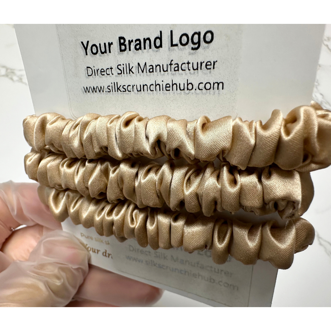 Beige Skinny Silk Scrunchie Wholesale from 1 piece, custom silk scrunchie with brand logo low MOQ.