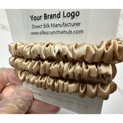 Beige Skinny Silk Scrunchie Wholesale from 1 piece, custom silk scrunchie with brand logo low MOQ.