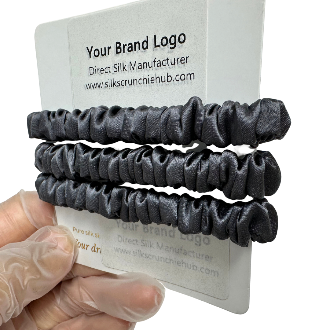 Dark Grey Skinny Silk Scrunchie Wholesale from 1 piece, custom silk scrunchie with brand logo low MOQ.