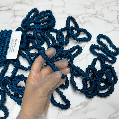 Peacock Blue Skinny Silk Scrunchie Wholesale from 1 piece, custom silk scrunchie with brand logo low MOQ.