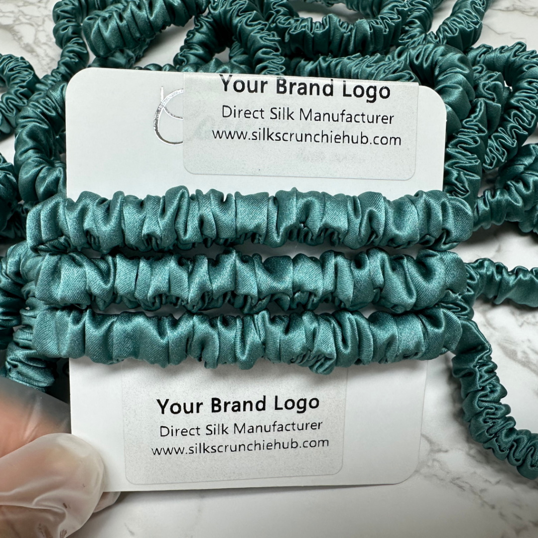 Stone Green Skinny Silk Scrunchie custom wholesale, custom brand low MOQ, 1 piece wholesale