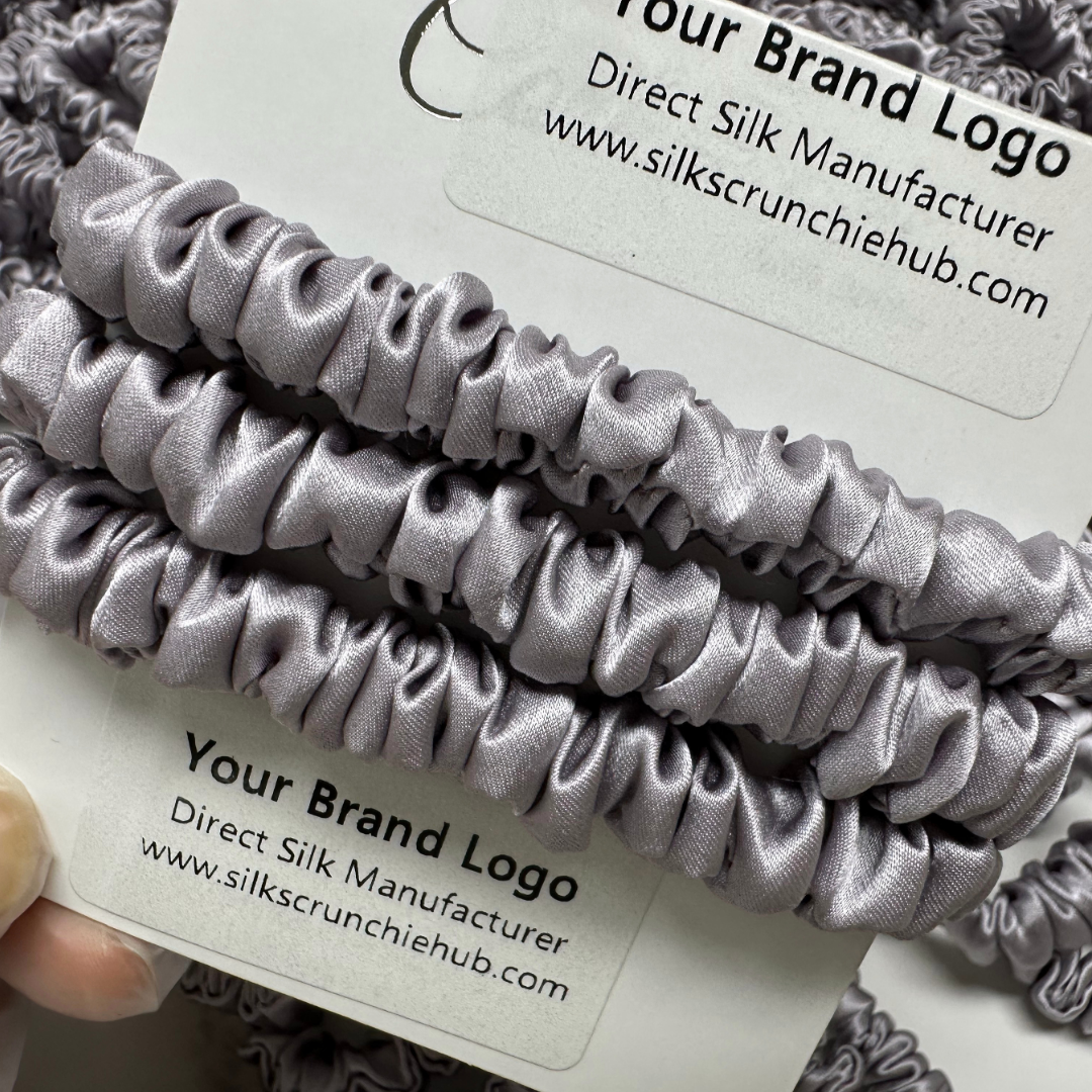 Grey Purple Skinny Silk Scrunchie custom wholesale, custom brand low MOQ, 1 piece wholesale