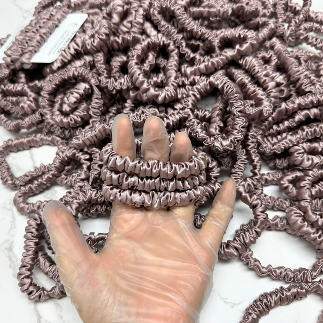 Deep Lotus Root Skinny Silk Scrunchie custom wholesale, custom brand low MOQ, 1 piece wholesale