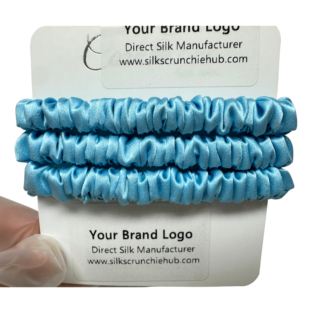 Deep Sky Blue Skinny Silk Scrunchie custom wholesale, custom brand low MOQ, 1 piece wholesale