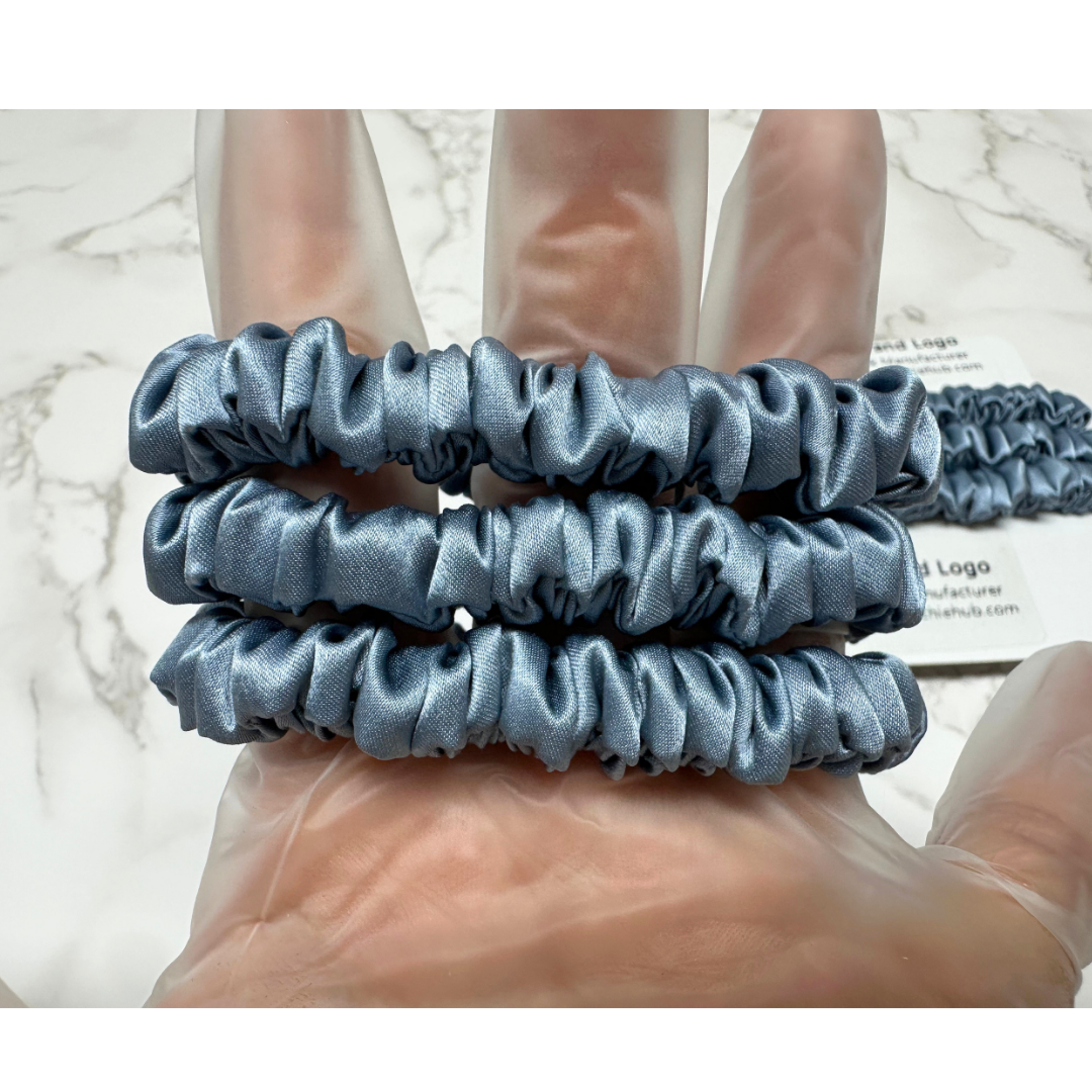 Grey Blue Skinny Silk Scrunchie custom wholesale, custom brand low MOQ, 1 piece wholesale