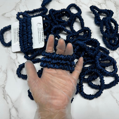 Navy Blue Skinny Silk Scrunchie custom wholesale, custom brand low MOQ, 1 piece wholesale