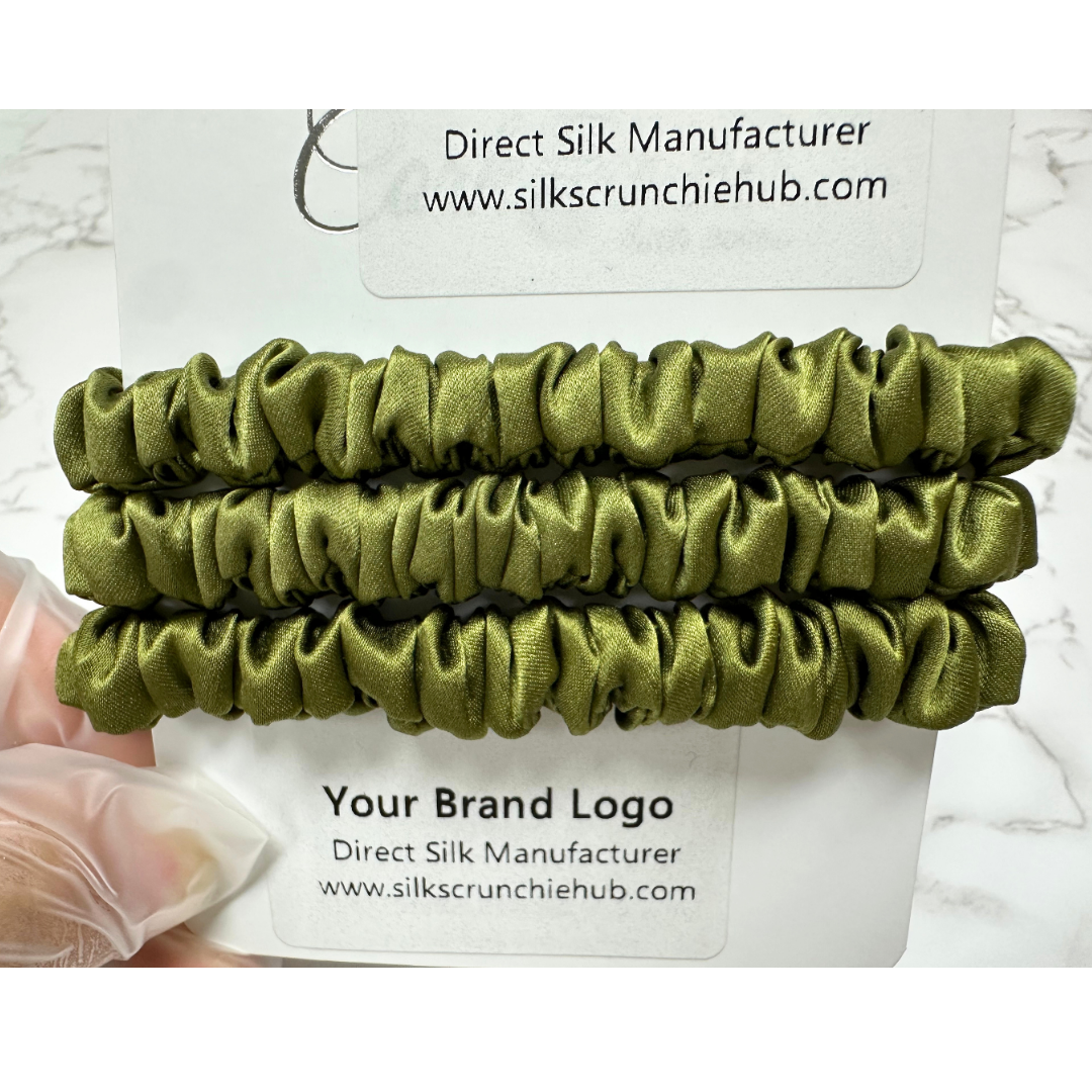 Olive Green Skinny Silk Scrunchie custom wholesale, custom brand low MOQ, 1 piece wholesale
