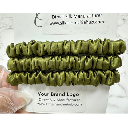 Olive Green Skinny Silk Scrunchie custom wholesale, custom brand low MOQ, 1 piece wholesale