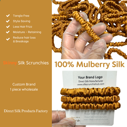 Amber Yellow Skinny Silk Scrunchie Wholesale from 1 piece, custom silk scrunchies with brand label, low MOQ.