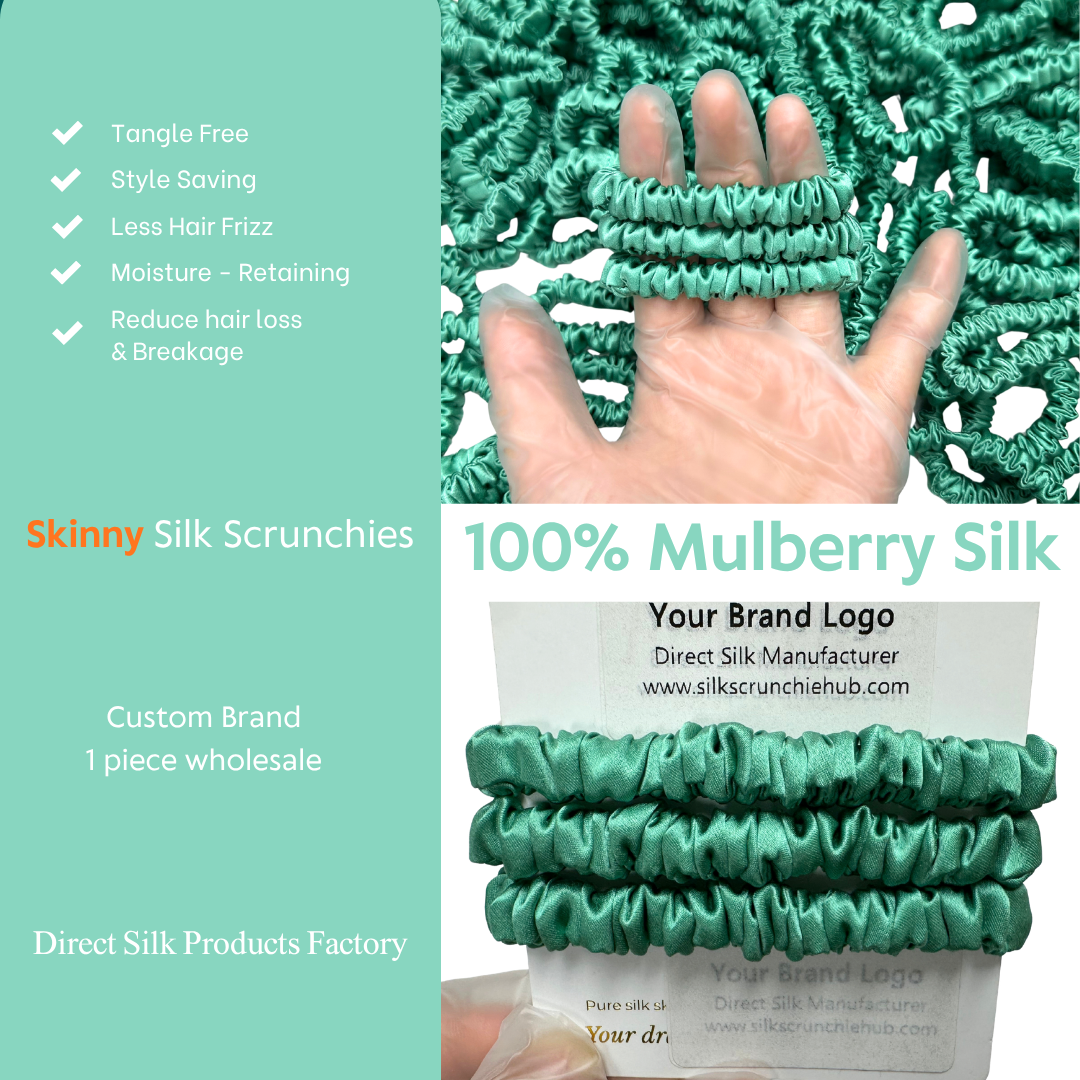 Bamboo Skinny Silk Scrunchie Wholesale from 1 piece, custom silk scrunchies with brand label, low MOQ.