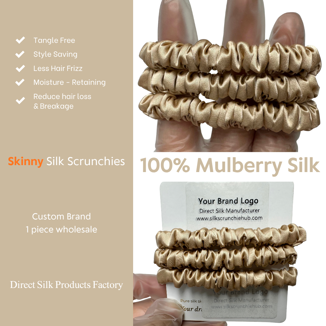 Beige Skinny Silk Scrunchie Wholesale from 1 piece, custom silk scrunchie with brand logo low MOQ.