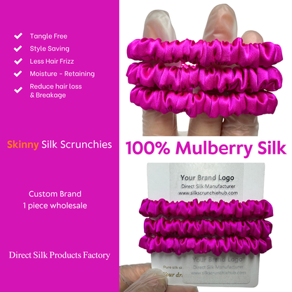 Bright Pink Skinny Silk Scrunchie Wholesale from 1 piece, custom silk scrunchie with brand logo low MOQ.