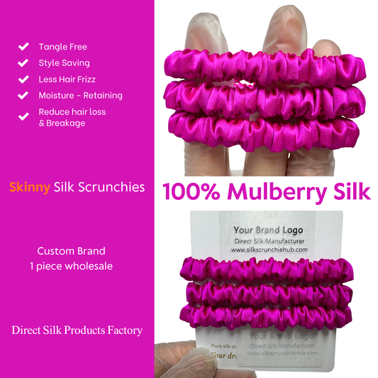 Bright Pink Skinny Silk Scrunchie Wholesale from 1 piece, custom silk scrunchie with brand logo low MOQ.