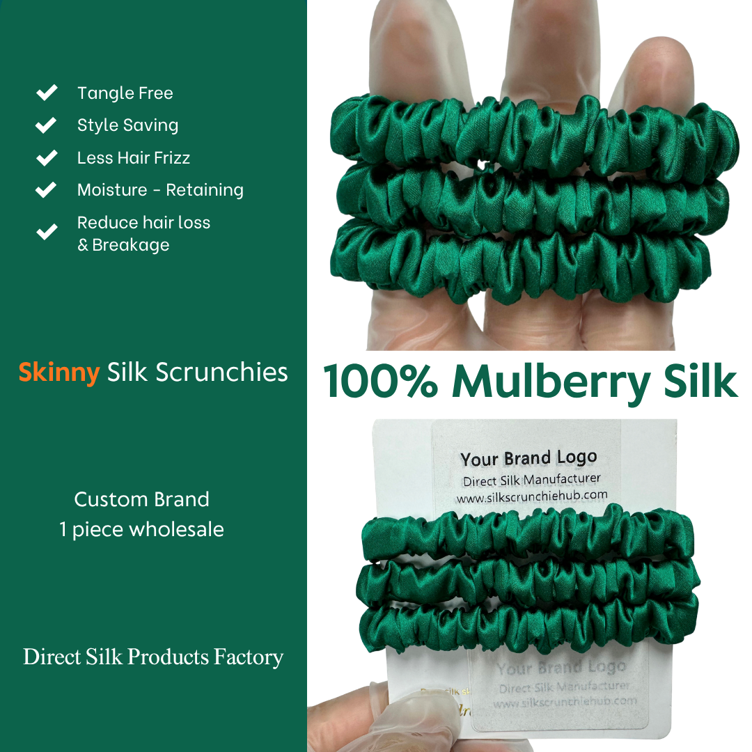 Christmas Green Silk Scrunchie Wholesale from 1 piece, custom silk scrunchies with brand label, low MOQ.