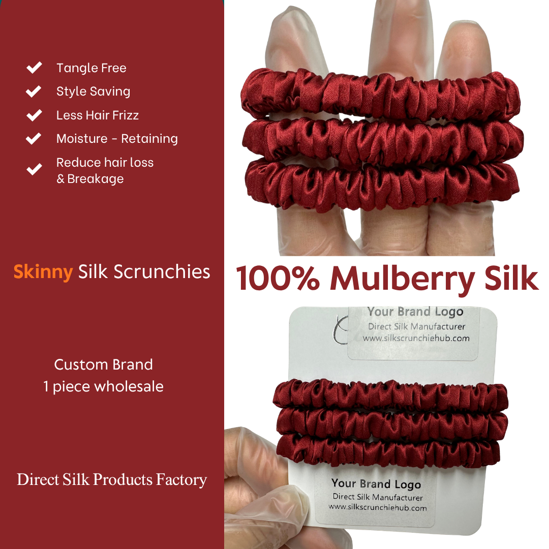 Coke Red Skinny Silk Scrunchie in stock, wholesale silk scrunchie from 1 piece, custom silk scrunchies with logo brand label, low MOQ.