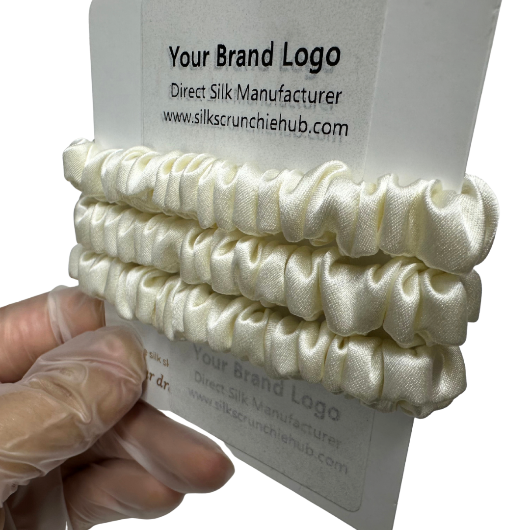 Cream Silk Scrunchie Wholesale from 1 piece, custom silk scrunchies with brand label, low MOQ.