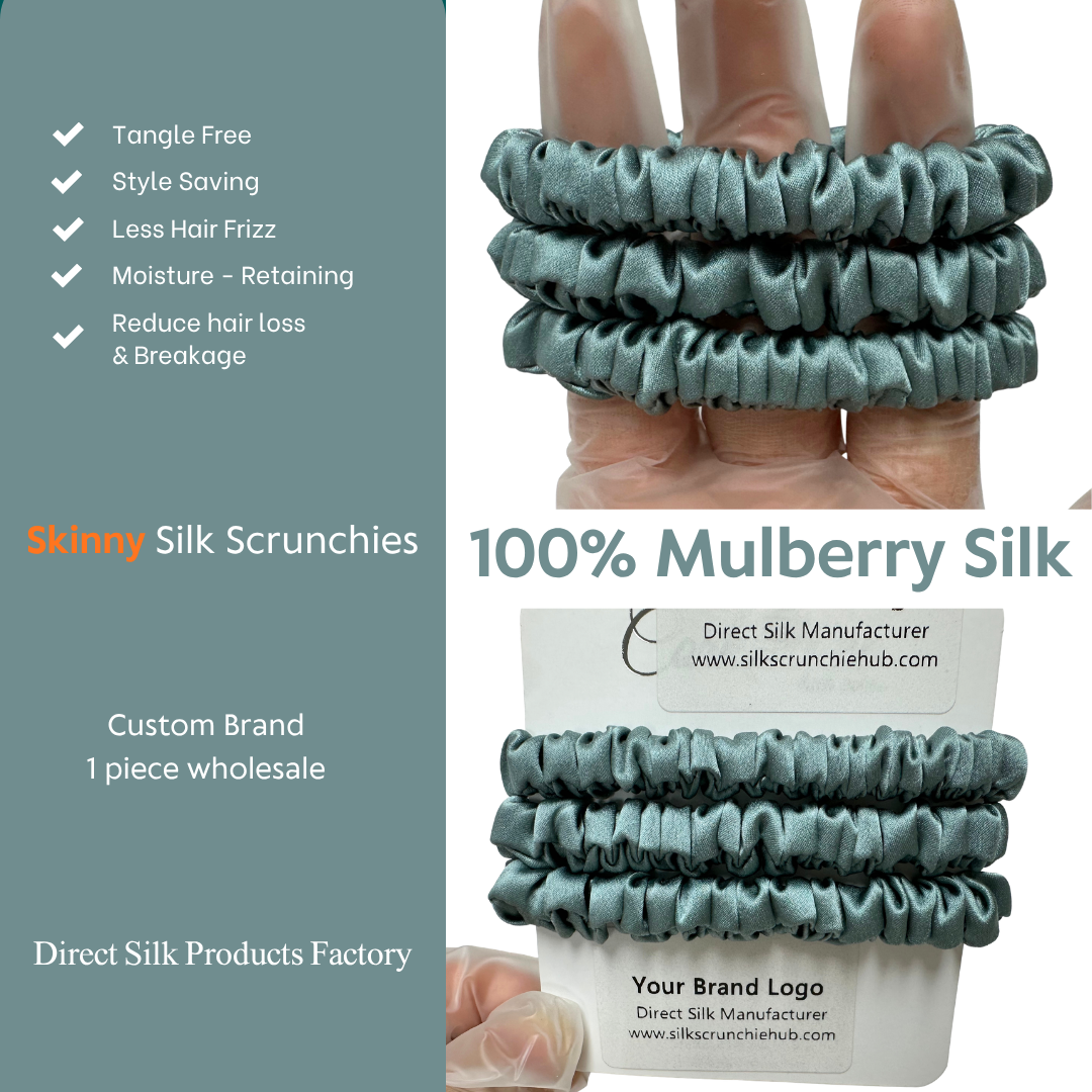Dark Bamboo Skinny Silk Scrunchie in stock, wholesale silk scrunchie from 1 piece, custom silk scrunchies with logo brand label, low MOQ.