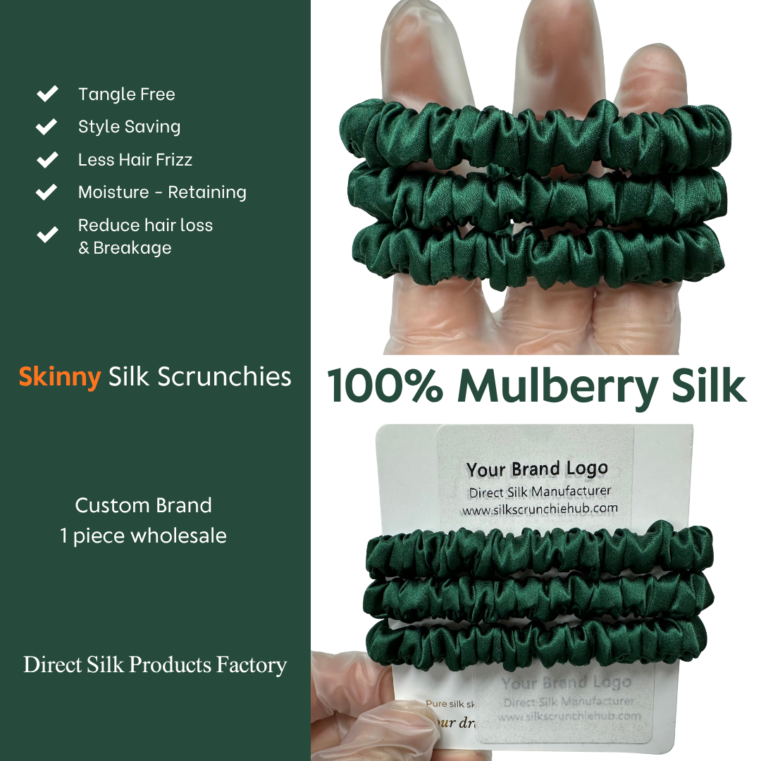 Dark Green Skinny Silk Scrunchie Wholesale from 1 piece, custom silk scrunchie with brand logo low MOQ.