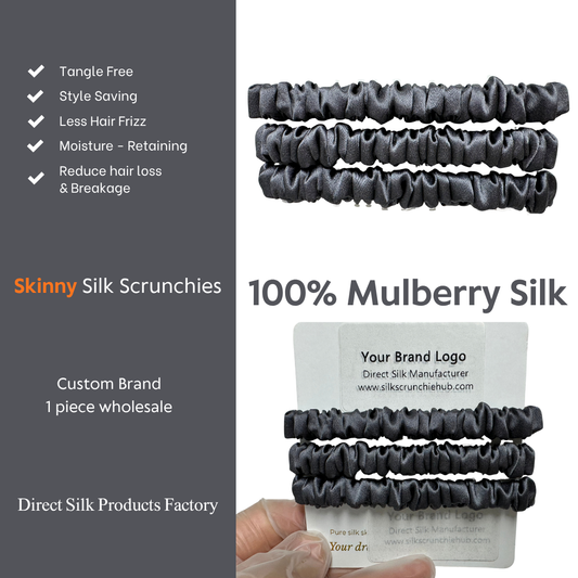 Dark Grey Skinny Silk Scrunchie Wholesale from 1 piece, custom silk scrunchie with brand logo low MOQ.