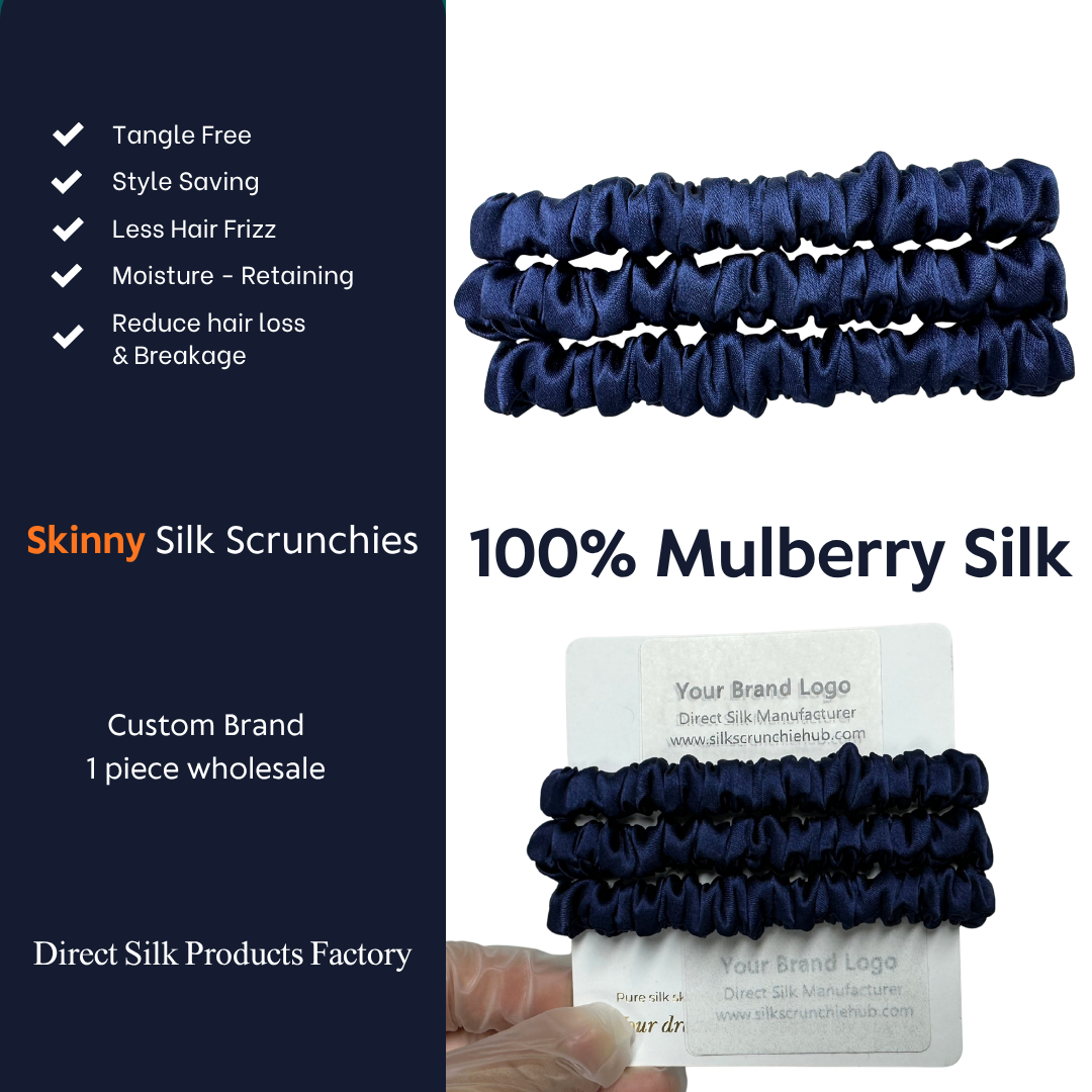 Dark Indigo Skinny Silk Scrunchie Wholesale from 1 piece, custom silk scrunchies with brand label, low MOQ.