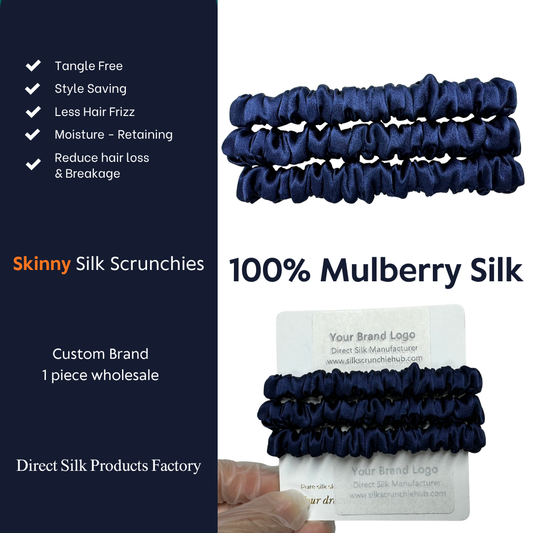 Dark Indigo Skinny Silk Scrunchie Wholesale from 1 piece, custom silk scrunchies with brand label, low MOQ.