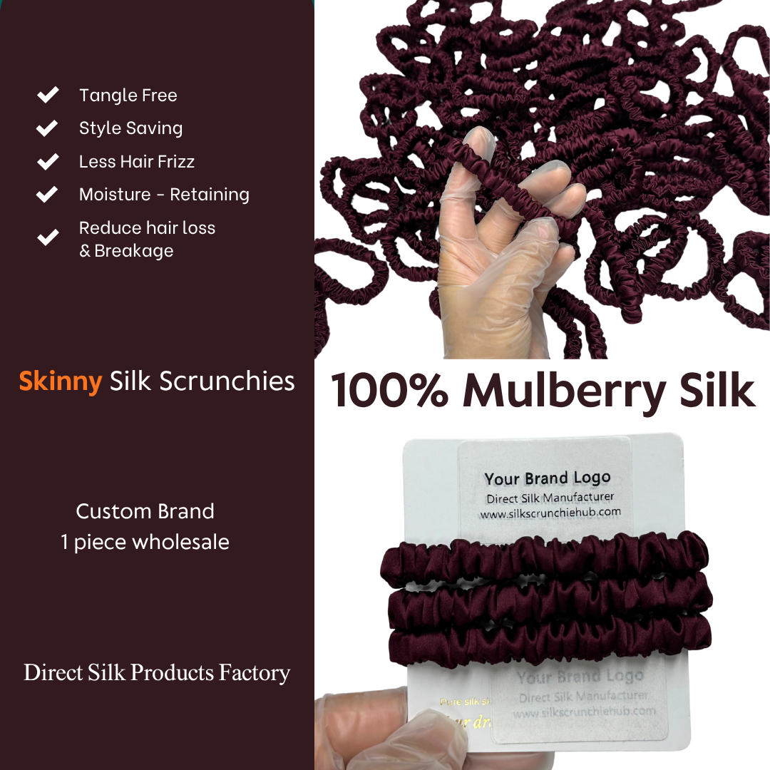 Dark Purple Red Silk Scrunchie Wholesale from 1 piece, custom silk scrunchies with brand label, low MOQ.