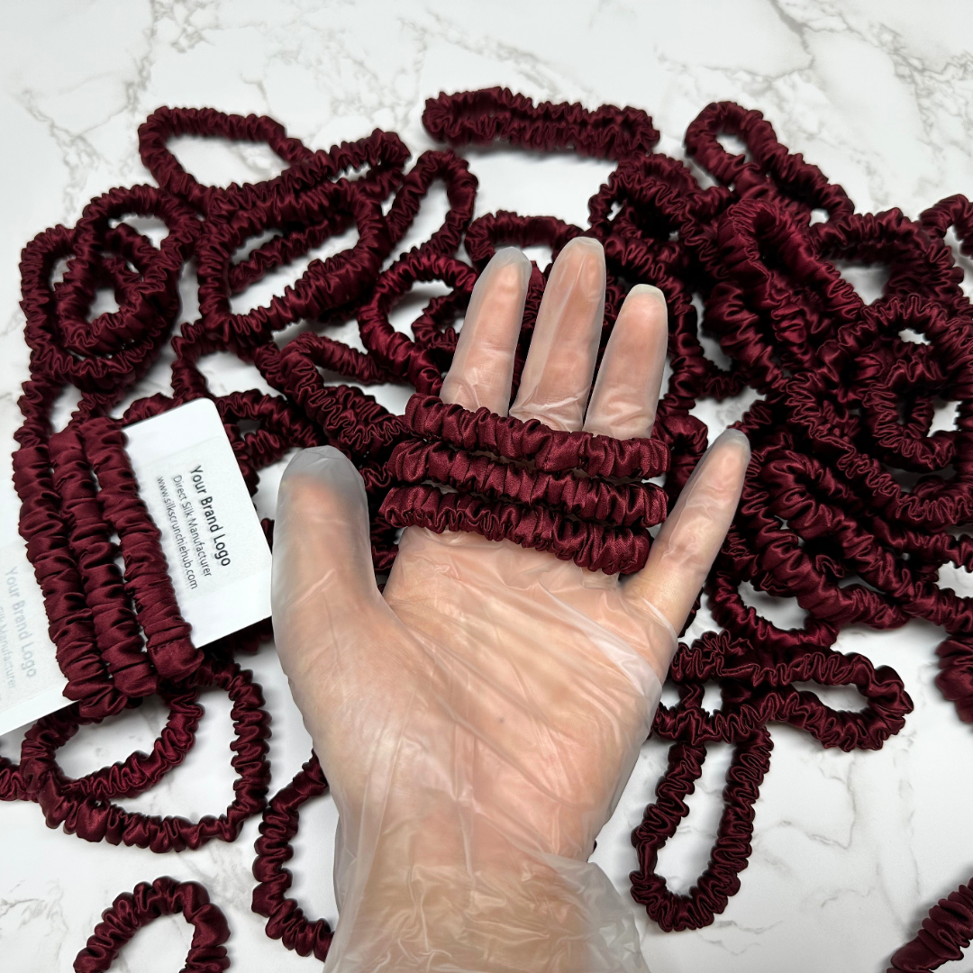 Dark Red Skinny Silk Scrunchie in stock, wholesale silk scrunchie from 1 piece, custom silk scrunchies with logo brand label, low MOQ.