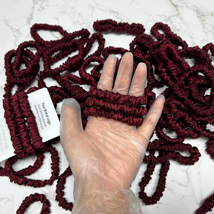 Dark Red Skinny Silk Scrunchie in stock, wholesale silk scrunchie from 1 piece, custom silk scrunchies with logo brand label, low MOQ.