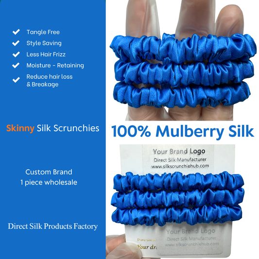 Deep-Bright-Blue Silk Scrunchie Wholesale from 1 piece, custom silk scrunchies with brand label, low MOQ.